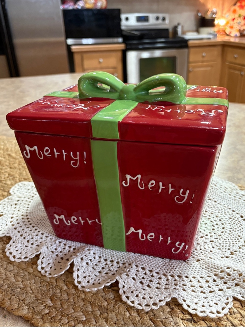 Red Gift Box Ceramic Holiday Treat Jar with Green Bow